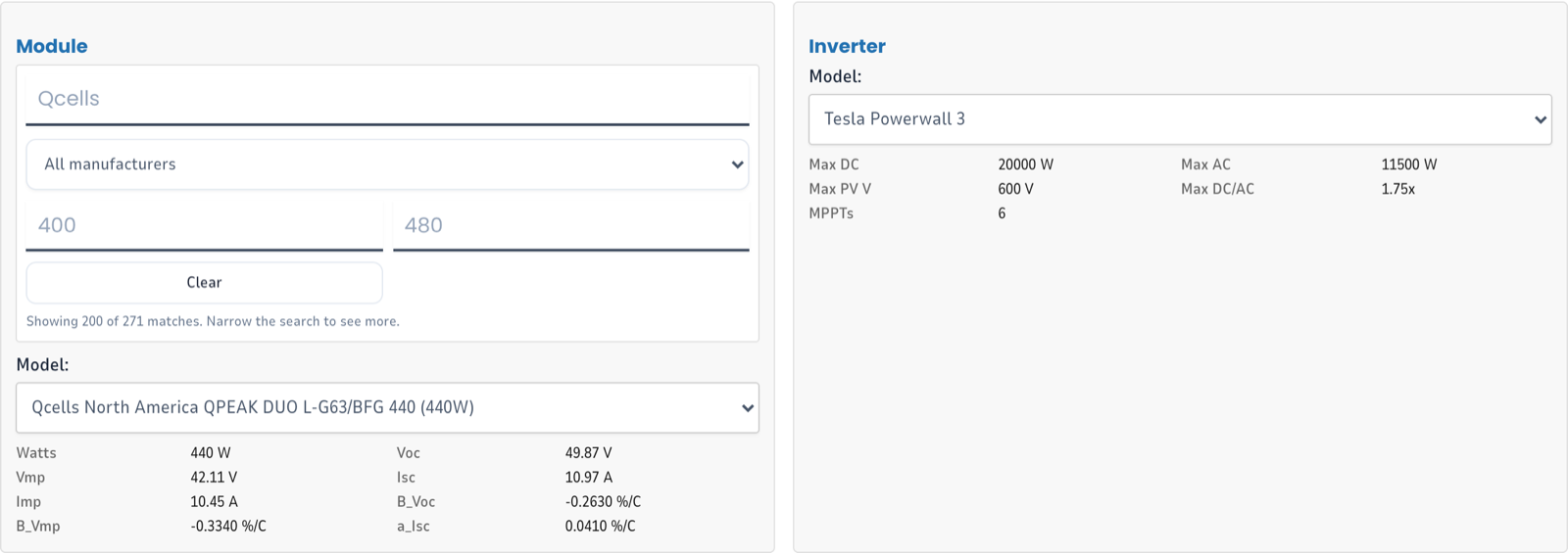 Module search filtered to Qcells, showing the selected module's specifications beside the inverter.
