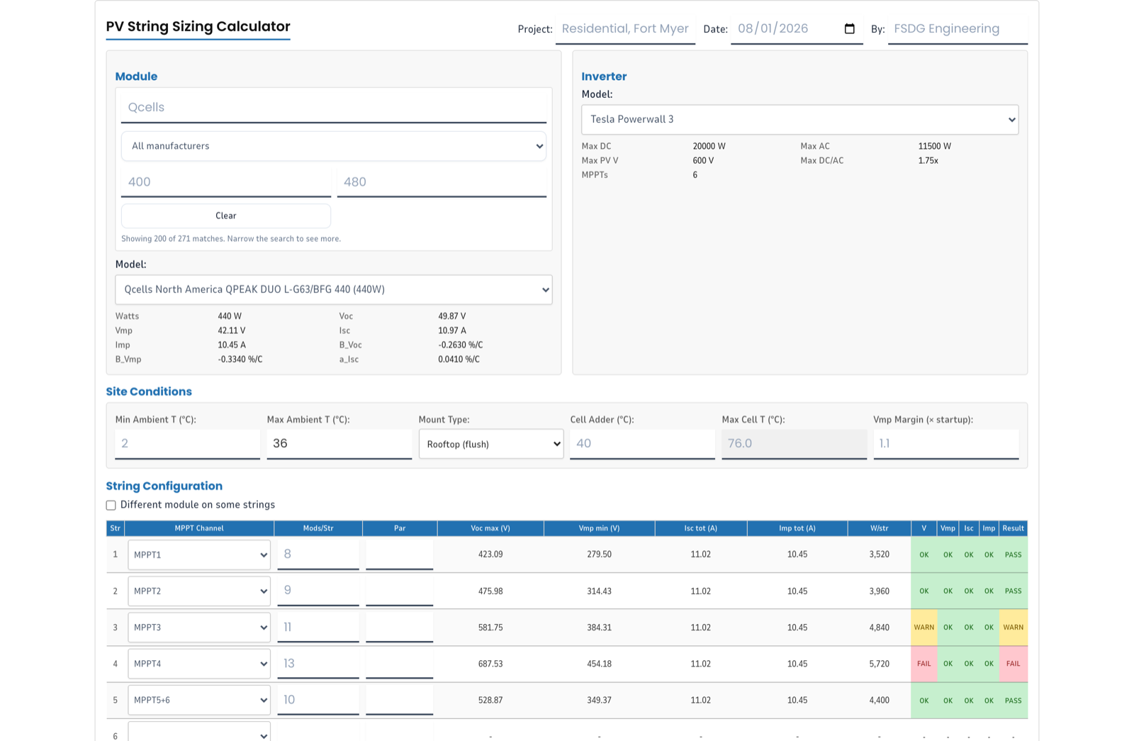 The string sizing calculator with a module and a Tesla Powerwall 3 selected.