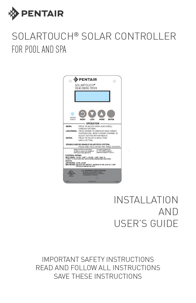 Pentair SolarTouch Installation and Owner's Manual