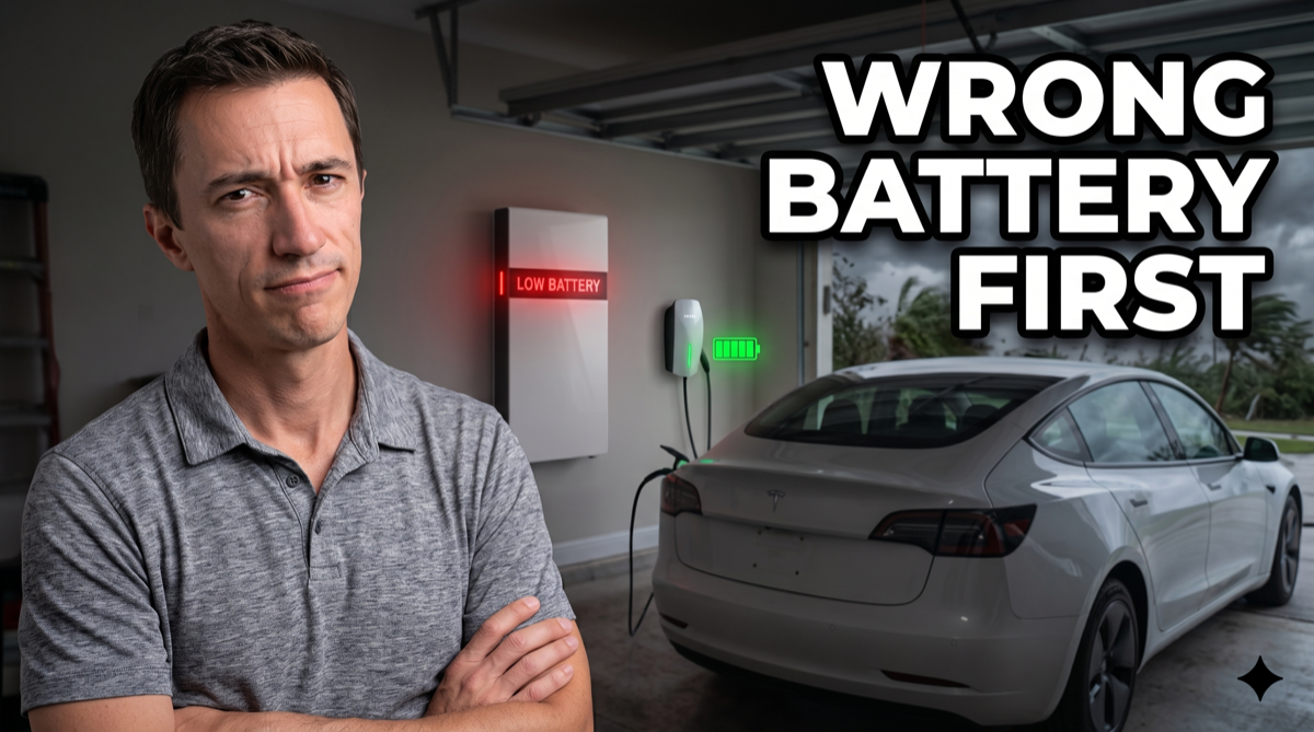 Tesla just published its Powershare application note for Powerwall systems, and I'm genuinely glad it exists. For years, using your Tesla to back up your home has been a marketing slide with no installer documentation behind it. Now we finally have part numbers, wiring rules, and a plain description of how the system behaves when the grid goes down. That last part is the problem. Read the outage sequence closely and you'll see exactly why we still don't recommend counting on an EV for home backup in Southwest Florida. Tesla Powershare drains your Powerwall first, every time, and there's no way to change it. What Tesla Powershare Actually Does Powershare lets a compatible Tesla vehicle, plugged into a Tesla Universal Wall Connector or Gen 3 Wall Connector, send power back to your home through your Powerwall system during a grid outage. Tesla calls this Vehicle-to-Home, or V2H. Right now, the feature works with Powerwall 3. Powerwall 2 and Powerwall+ systems can be wired for it today, but Tesla lists the feature itself as coming soon for those batteries. On the vehicle side, Cybertruck is supported, and Tesla says every Model 3 and Model Y ordered in the U.S. after October 1, 2026 is capable. Older Model 3 and Model Y owners have to check whether their specific car qualifies. The good news is there's no extra box on the wall. The Wall Connector has to sit on a backed-up circuit, the feature gets switched on during commissioning, and the Powerwall and Wall Connector need to share the same Wi-Fi network. That's the whole recipe. The Sequence Is Fixed: Powerwall First, Car Second Here's how Tesla describes outage behavior. The grid drops. The gateway disconnects your home from the utility. The Powerwall powers the house. When the Powerwall gets down to a low charge, the car kicks in, powering the home and recharging the Powerwall at the same time. Once the Powerwall is back up to a high charge, the car stops and the Powerwall takes over again. Then it repeats. Powerwall drains, car refills it, car steps back. Over and over until the grid returns or the car runs out. That's the only behavior available. In Tesla's commissioning app, Powershare Home Backup is a single toggle. On or off. There's no priority setting, no "use the car first" option, no way to tell the system that today, in this storm, you'd rather spend the car's energy before touching the home battery. Sometimes Powerwall-first is exactly what you want. But sometimes it's exactly backwards. Why Powerwall-First Can Be Backwards in a Hurricane Picture a Southwest Florida hurricane. Not a glancing blow. The kind where FPL or LCEC tells you it could be a week or more. For the first few days, you're not going anywhere. Roads are blocked by debris, some are flooded, bridges may be closed, and there's a curfew. Your Tesla sits in the garage at 100 percent. Meanwhile, your Powerwall is carrying the house. Refrigerator, freezer, lights, maybe a window unit or a mini split. Night after night, it cycles down, and the car tops it back up. Now think about which battery can actually go get more energy. The Powerwall is bolted to your wall. The car has wheels. Once the roads open, the car is the only battery that can drive to a Supercharger in an area with power, refill, and bring that energy home. So in a long outage, the logical strategy is to spend the mobile battery while you're stuck at home and keep the stationary battery full. When the roads clear and you're ready to go out, the car is the one that's low, which is fine, because you're leaving specifically to recharge it. The Powerwall stays home, full, protecting your refrigerator, your medical equipment, and whoever stays behind. Tesla's sequence does the opposite. The car sits nearly full while the Powerwall does the work. The day you can finally leave, there's a real chance your Powerwall is sitting near its low point while your car still has most of its charge. Now you've got two bad options. Unplug and leave the house running on a nearly empty home battery for however long the round trip takes. Or wait for the car to refill the Powerwall first, burning hours you could have spent recharging the car. You end up with energy in the car that you need in the house, and an empty battery in the house that can't go anywhere to fix itself. That doesn't make sense. A simple setting would solve it. Something like "power the home from the vehicle first, down to 25 percent, then switch to Powerwall." It doesn't exist. To Be Fair, There's a Case for Tesla's Default I'm not going to pretend Tesla's choice is crazy. If there's any chance you'll need to evacuate on short notice, a full car is your way out. Protecting the car's charge protects your exit, and that's a reasonable priority for a lot of households, especially in evacuation zones on the barrier islands. The problem isn't that Tesla picked the wrong order. The problem is that Tesla picked one order for everybody and locked it. The right priority depends on where you live, who's in the house, what the storm did, and what you're planning to do next. It can even change halfway through the same outage. That's precisely the kind of decision a homeowner should be able to make in an app. Every Trip Through an Inverter Costs You Something There's a second, quieter issue with the Powerwall-first design. When the car steps in, it doesn't just power the house. It also recharges the Powerwall, and that energy later comes back out of the Powerwall to run your loads. Every time energy gets converted from battery power to household power and back again, a little bit is lost as heat. Sending car energy into the Powerwall and then back out to your refrigerator involves more of those conversions than simply running the refrigerator from the car. In a normal week, nobody would notice. In a ten-day outage where every kilowatt-hour matters, it adds up. Tesla's Own Document Says Not to Count on the Car Here's the part of the application note I want every homeowner to read. In the system design section, Tesla tells installers this: "It is important to design the system assuming the vehicle may not be plugged in during a grid outage." That says it all. The manufacturer of the car, the charger, and the battery is telling installers not to treat the car as backup. That's not me being a skeptic. That's Tesla's own engineering guidance. We agree with it completely. The car might be at work when the storm knocks out power. It might be at a relative's house. It might have evacuated with half your family. Your Powerwall system needs to carry your critical loads on its own, and it needs to start the storm full. If you haven't looked at how your Powerwall is set up, our post on Powerwall backup reserve settings for Florida homeowners explains why we set reserves high for hurricane country. There are a couple of other details in the document worth knowing. The Wall Connector has to be treated as a power source when we calculate what your main electrical panel can safely handle, which can affect the design and occasionally the cost. And Powershare depends on your home Wi-Fi network. In a hurricane, that means your router and modem need to be on backed-up power, and you're relying on your home network staying up for your backup to work the way it should. I wouldn't want to find out what happens when Wi-Fi drops in the middle of a storm. Even Elon Musk Says the Car Is a Supplement This isn't a new position for Tesla's leadership. At Tesla's Investor Day in March 2023, when the company first said bidirectional charging was coming, Elon Musk immediately poured cold water on using the car alone to power a home. His reasoning was simple: if you unplug your car, your house goes dark. He said he didn't expect many people to use the feature unless they also had a Powerwall, with the car acting as a supplementary energy source to the home battery. Supplementary. That's the right word, and it's the word we've been using with clients for years. Your EV can be a handy extra fuel tank during a long outage. It is not the backup system. There's also the wear question. Using your car as a home battery puts cycles on a pack that was designed to move a vehicle, not run a house. I covered that in more detail in Bidirectional EV Charging: A Smart Idea, Until You Lease the Car. In a true emergency, battery wear is the least of your worries. As a daily strategy, it's a different conversation. Southwest Florida Homes Make This Harder Most of the vehicle-to-home marketing you'll see was written for homes that don't look like ours. A typical Lee or Collier County home runs central air most of the year, often has an electric water heater, an electric range, a pool pump, and sometimes a second refrigerator in the garage. Those loads drain any battery fast, car or Powerwall. That's why we design backup around what the house actually needs, not around what a car could theoretically contribute. If you want to see how a Powerwall system behaves through an outage with your kind of loads, try our Powerwall Simulator. It's a much better starting point than guessing how many days a car battery might buy you. The Bottom Line on Tesla Powershare for Home Backup Tesla Powershare is real, it's documented, and if you already own a compatible Tesla and a Powerwall 3, it's a nice feature to switch on. We'll install it. But understand what you're getting. The order is fixed. Your Powerwall drains first and the car refills it, whether that suits your situation or not. In a multi-day hurricane outage, that can leave your home battery low at the exact moment you need to take the car out to recharge. Treat your EV as a bonus tank, not a backup plan. Size your Powerwall system to carry your critical loads without the car, keep your backup reserve high during storm season, and put your router on backup power if you plan to use Powershare. And if Tesla ever adds a setting that lets you choose which battery goes first, I'll be the first to write about it. If you want a backup system designed for how Southwest Florida outages actually play out, with Powershare as a bonus rather than a crutch, that's exactly what we do at Florida Solar Design Group. Reach out and we'll look at your home, your loads, and your vehicle, and design around reality.